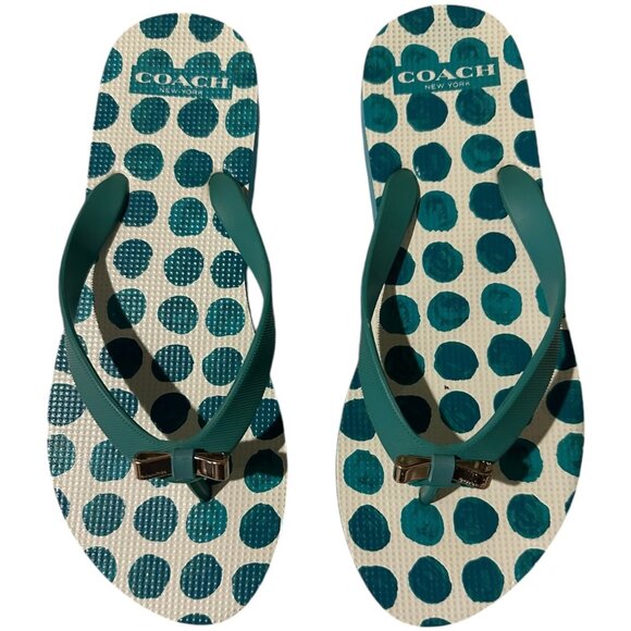 Coach Flip Flops Women Size 5/6 Green Dot Bow Flat Slip On Thong Sandal New York - Picture 3 of 16